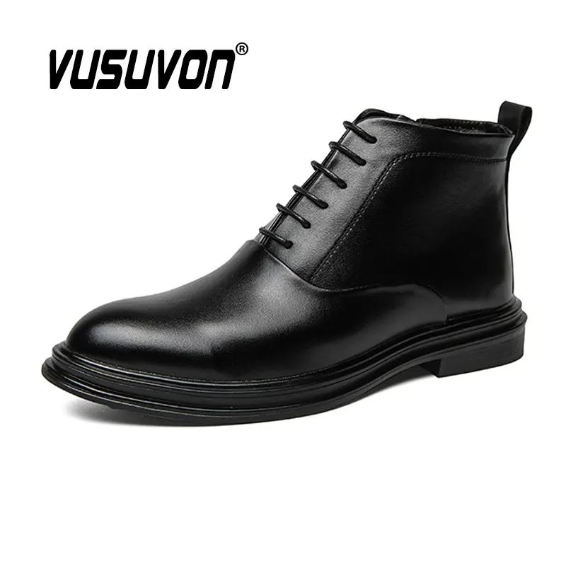 Italian Leather Men Zip Lace-Up Boots Casual Shoes Motorcycle Boots Black Winter High Quality Booties Botas Masculinas 38-46