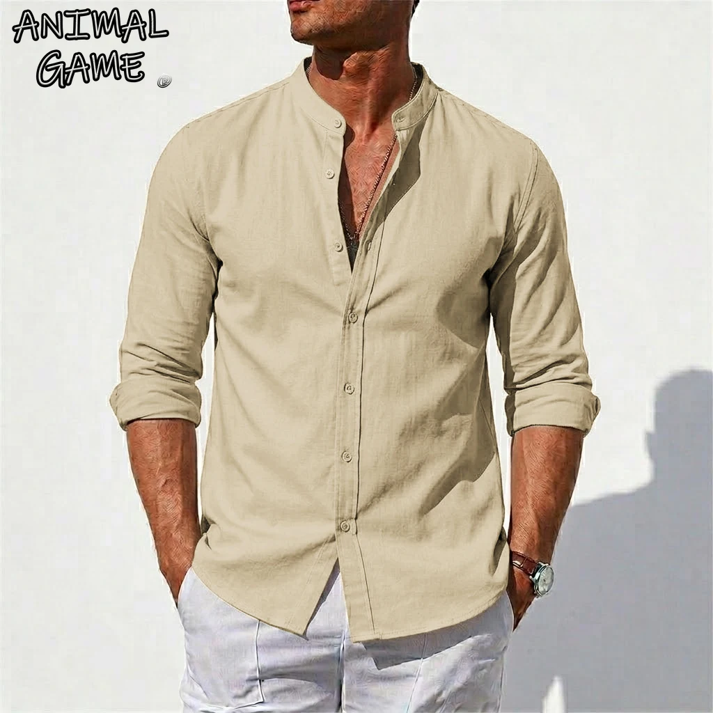 Men's Long Sleeve Shirt Linen TShirt Beach Hawaiian Cotton T-Shirts Summer Solid Work Shirts Button Down Collar Luxury Gym Man