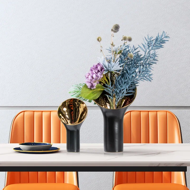 Creative Golden Trumpet Ceramic Vase Open Flowerpot Flower Arrangement Accessories Flower Vase Terrarium Home Decoration Accesso