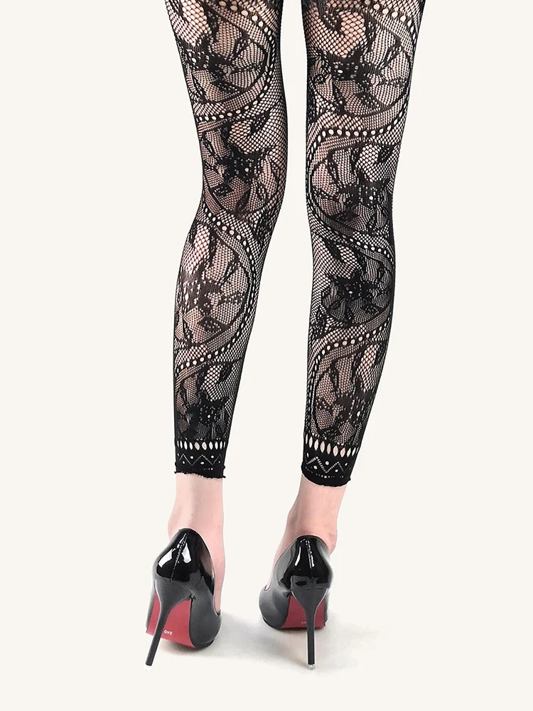 Leggings de jacquard floral retrô fino feminino, malha oca, gostosa geométrica, calças de rede cortadas, atacado, personalidade, verão