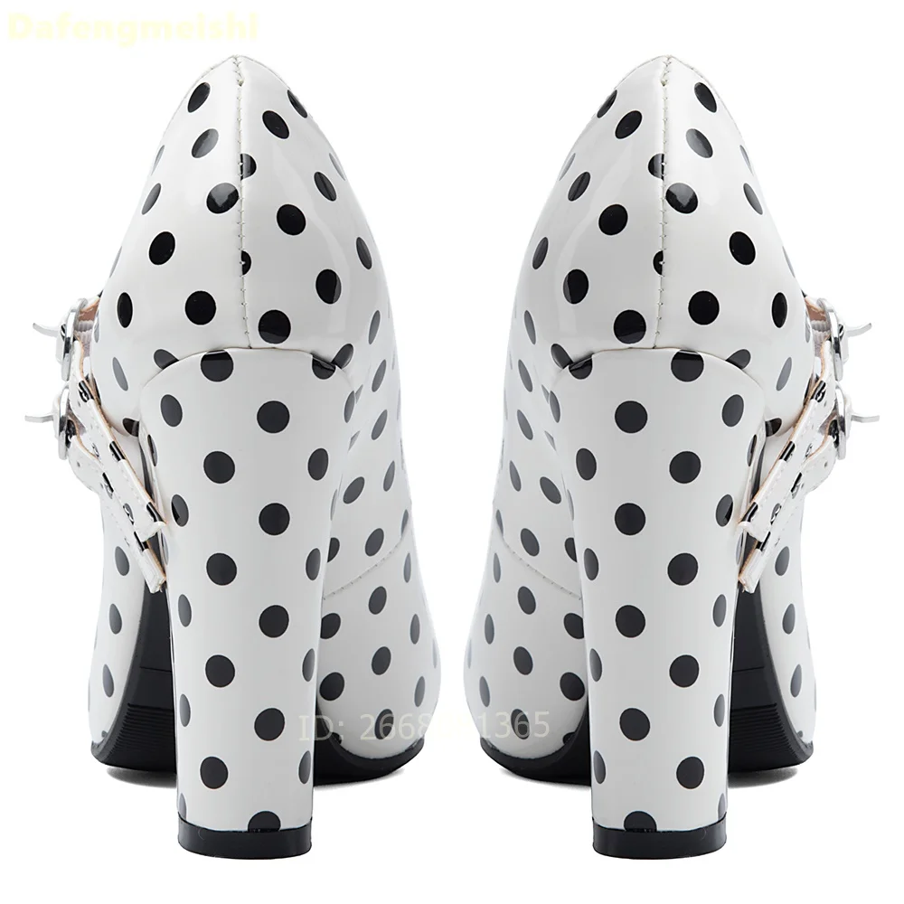White Black Polka Dot Patent Mary Jane Pumps Round Toe Double Strap Buckle Block Chunky Heels Sandals Women Office Summer Shoes view 6