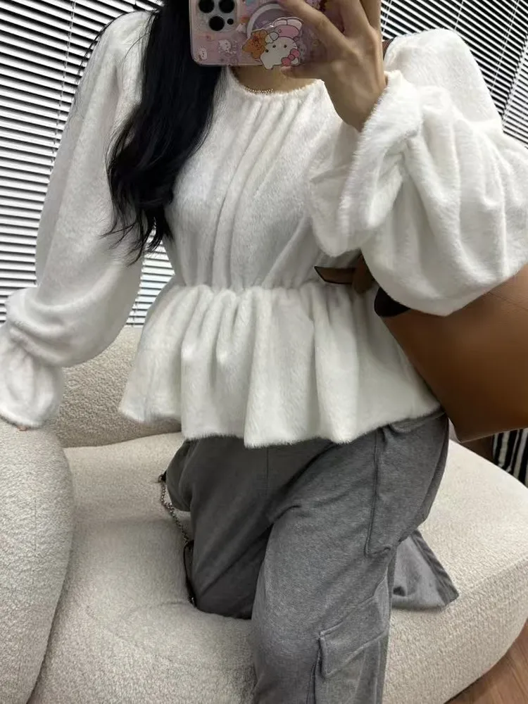 

Пушистый свитшот женский с круглым вырезом, свободный крой, плиссированная талия, стройнящий эффект, милый и простой, с подплечниками, рукава-фонарики, модный топ