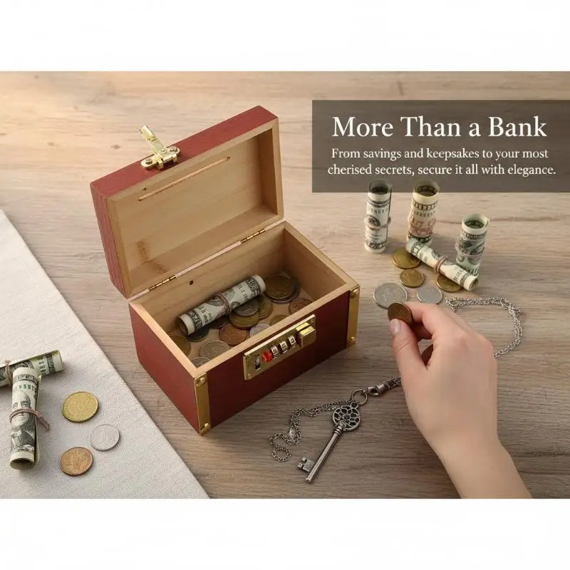 Secure Wooden Piggy Bank with 3 Digit Combination Lock Savings Box Small Treasure Money Storage Box for Students Kids