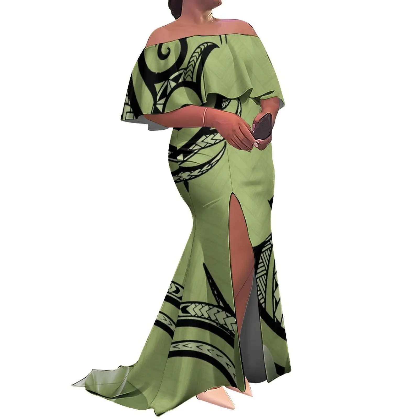 Livre de impostos logotipo personalizado senhoras fishtail vestido de noite polinésia babado fora do ombro divisão sereia longo maxi vestido da nova zelândia