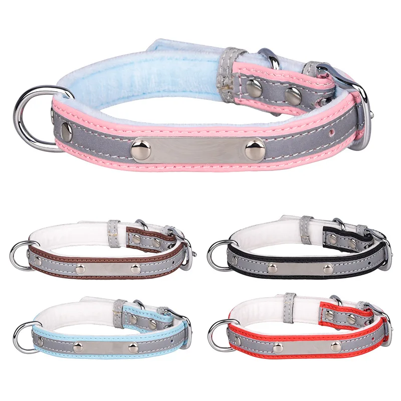 

Reflective Pet Leather Collar with Personalized Tag Big Dog Collar Engraved Cat Tags Anti-Lost Adjustable Puppy Neck Seam