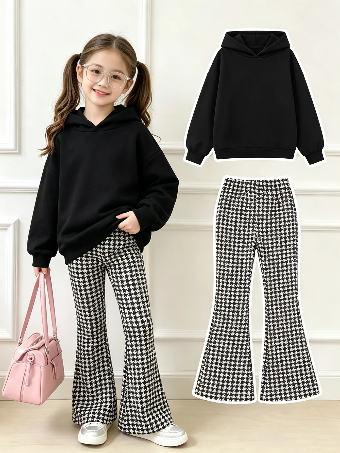 Children's Casual Long Sleeved Sweatshirt Hooded Top in Solid Color with Houndstooth Flared Pants Clothing Set for Kids