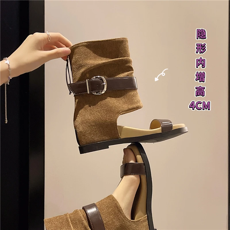 Wasteland Style One-line Open-toe Sandals for Women, Retro Stacked Tube Belt Buckle, Slimming Heightening Western Short Boots