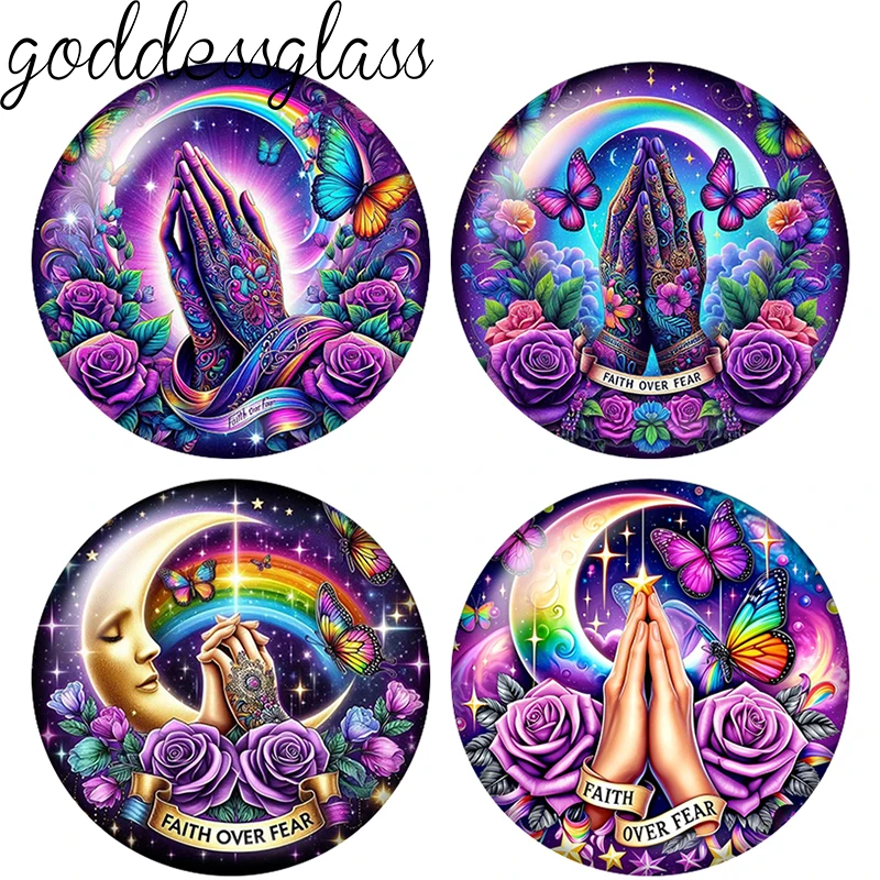 Praying Hands tattoo “FAITH OVER FEAR” rose 12mm/20mm/25mm Round photo glass cabochon flat back Making findings DIY snap buttons