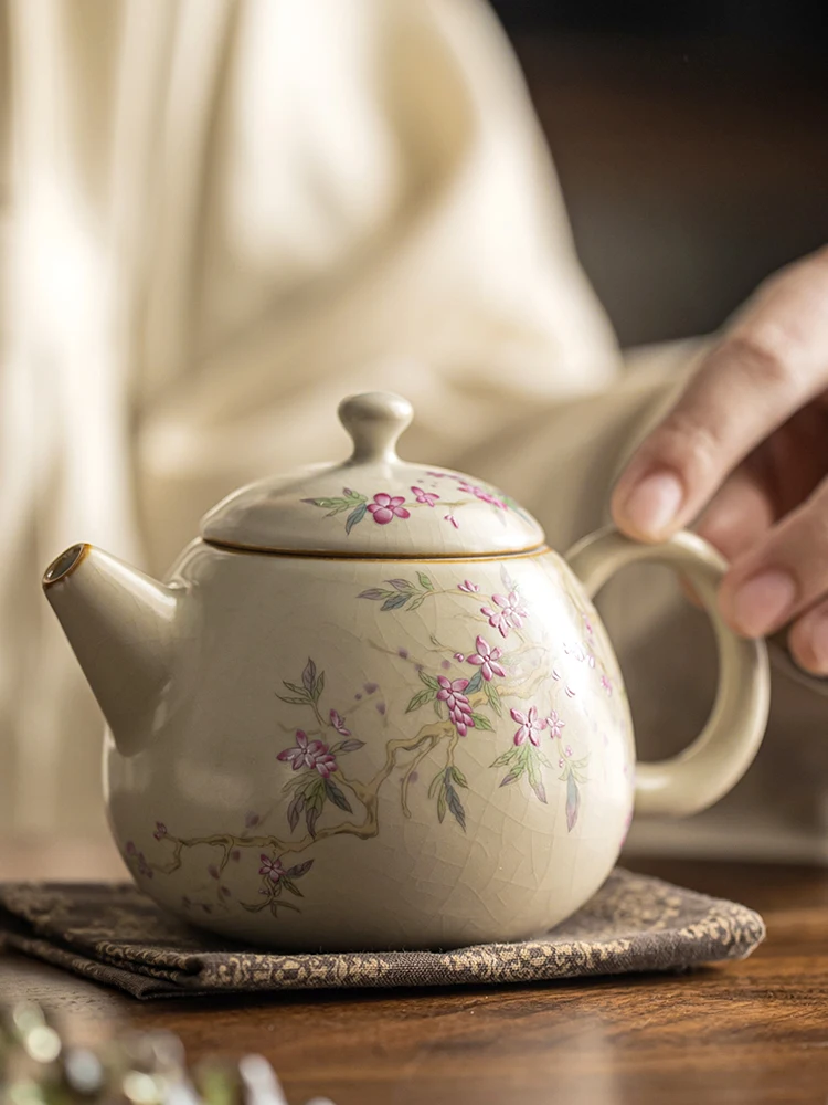 

220ML Beige Ru Kiln Peach Blossom Branch DragonEgg Teapot High-end Teapot Kungfu TeaSet Opening Can Raise Tea Maker Tea Ceremony