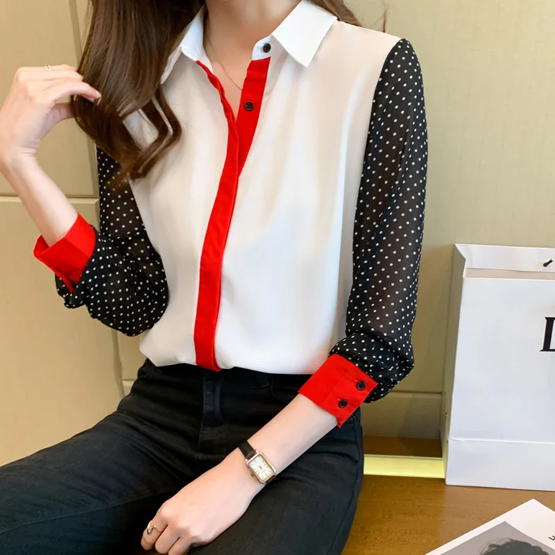 Women Fashion Red Striped Spliced Chiffon Shirts Spring Button Elegant Loose Casual Button Cardigan Vintage Contrast Style Top