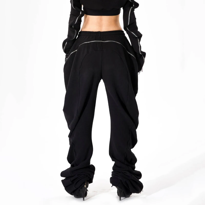 HKSH Women Sporty Pants Drawstring Elastic Waisted Zipper Decoration Pleated Streetwear Trend Casual Wide Leg Sweatpants HK21868