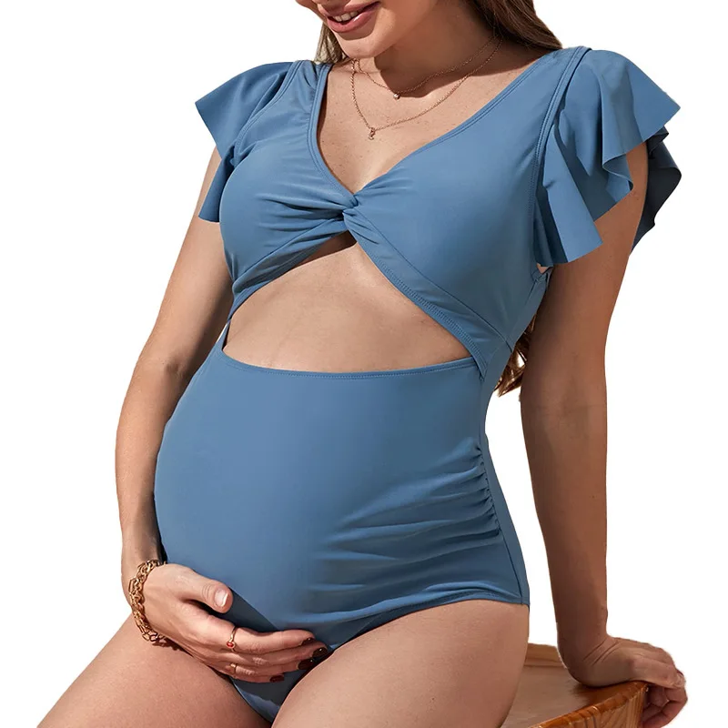 Pregnant women's full belly swimsuit 2024 new European and American fashion solid color loose short sleeved full body swimsuit