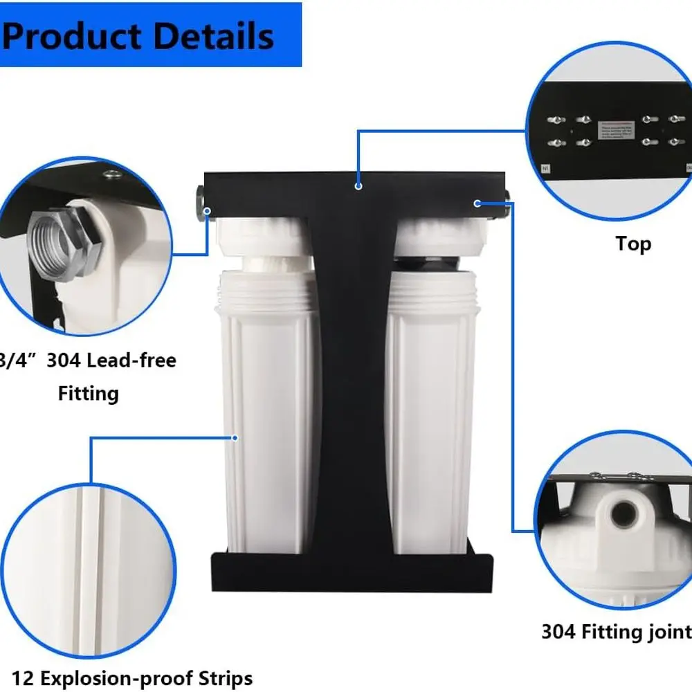 نظام فلتر مياه مزدوج RV ممتاز، تركيبات من الفولاذ المقاوم للصدأ خالية من الرصاص مقاس 3/4 بوصة |   يقلل الرواسب والكلور والطعم السيئ والروائح الكريهة، S