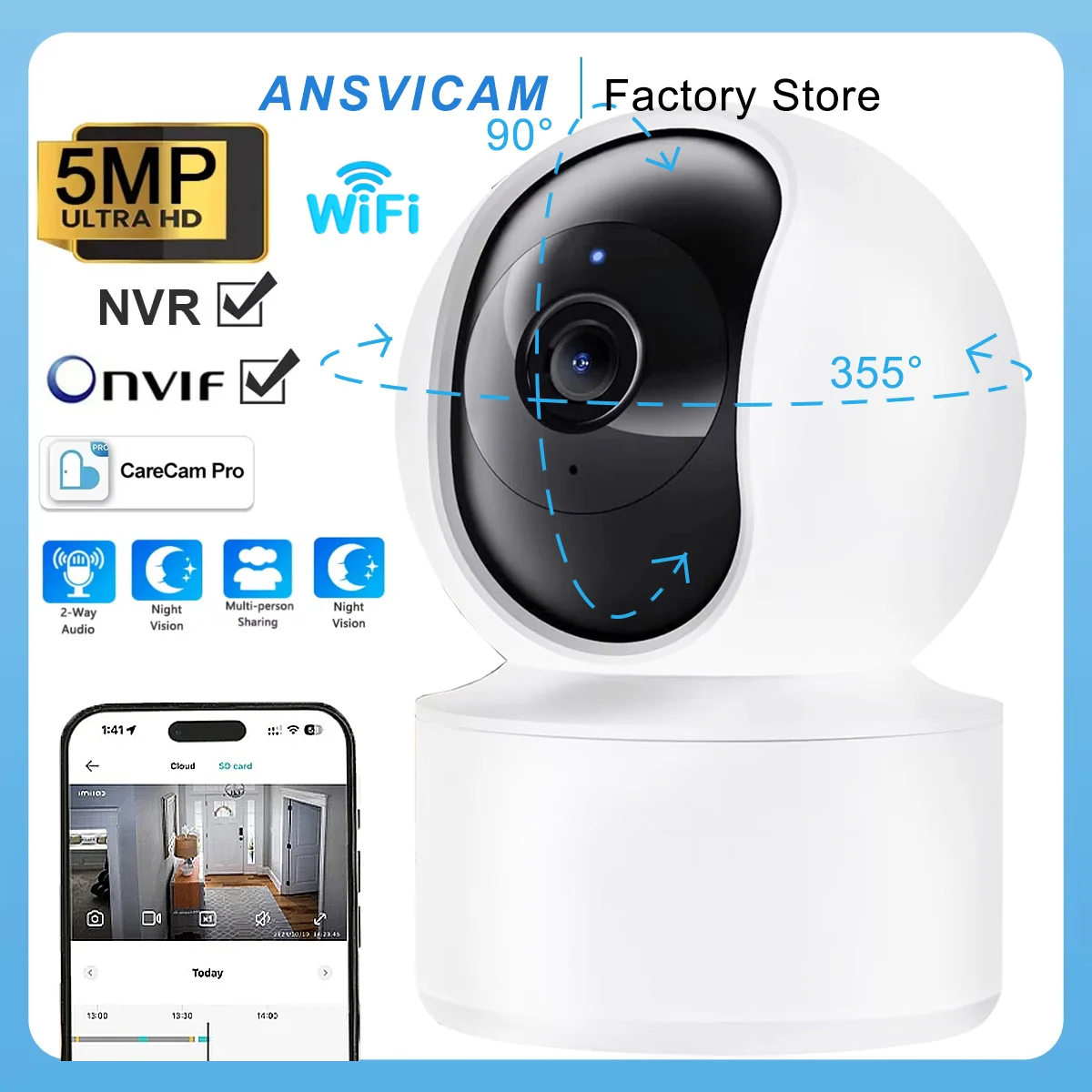 

Внутренняя камера Wi-Fi 5 МП, двусторонняя голосовая связь, автоматическое отслеживание тела, полноцветная ночная поддержка ONVIF, улучшенный мониторинг