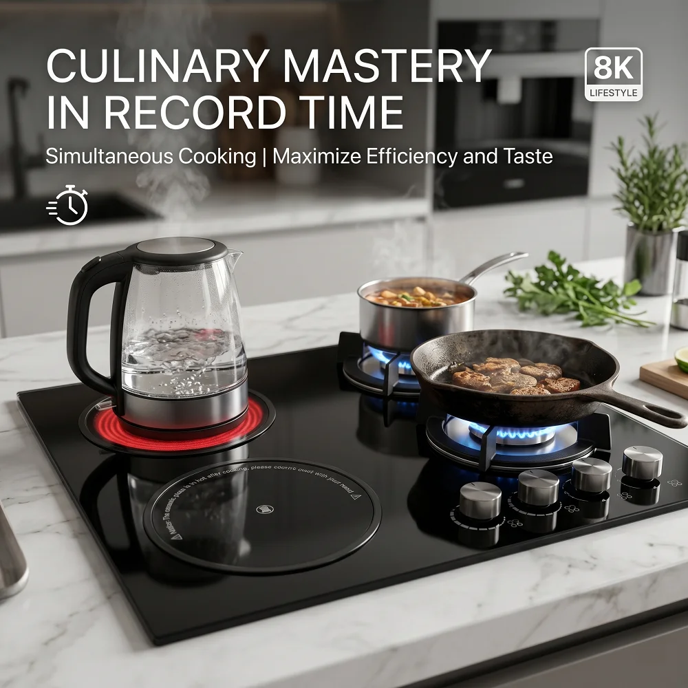Built-in LPG Gas and Electric Induction Stove 2 Gas & 2 Electric Burners Black Glass Panels Household Use