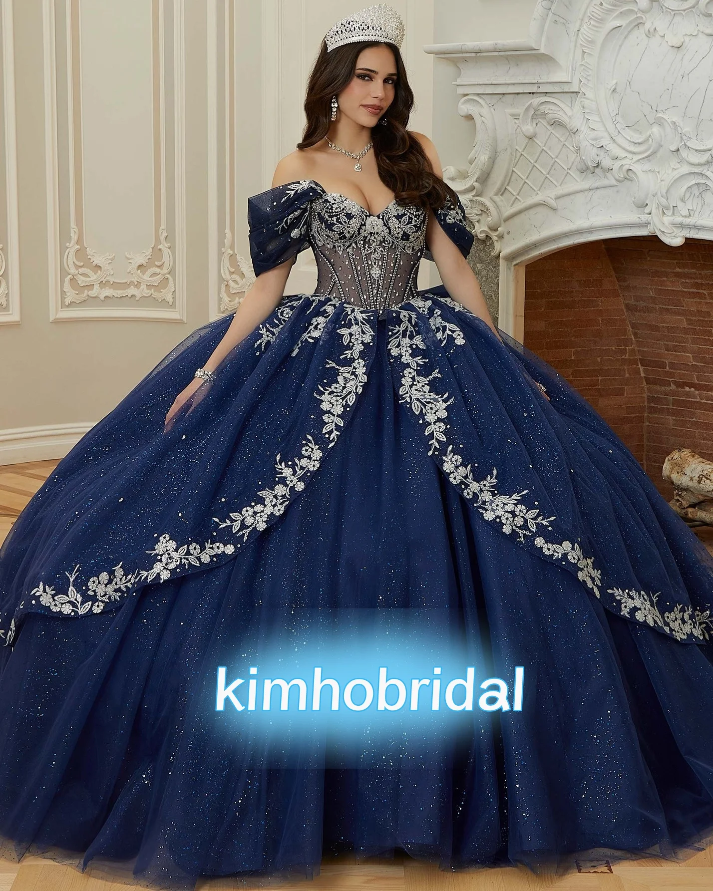 

Navy Blue Sparkly Quinceanera Dresses for Sweet 16 18 Off the Shoulder Lace Appliques Corset Ball Gown Prom Dresses