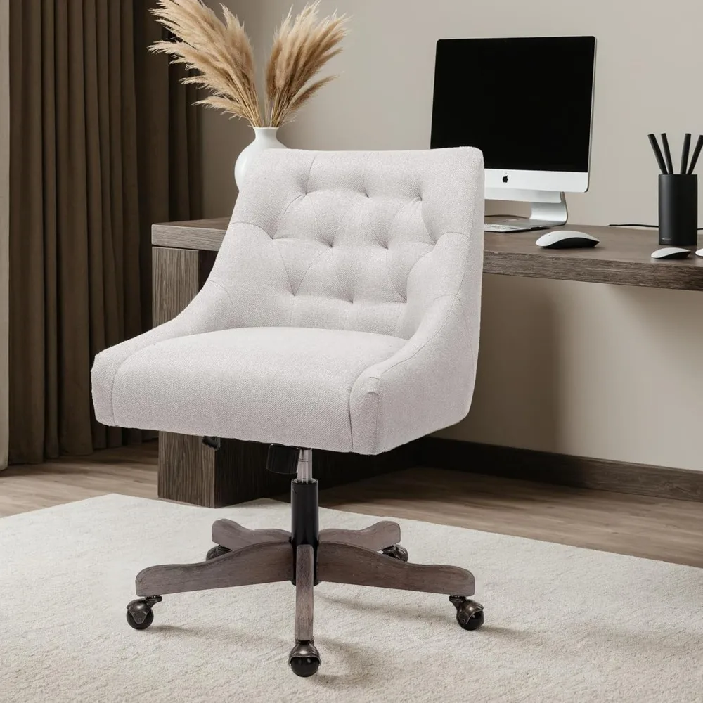 

Swivel Home Office Chair, Modern Fabric Upholstered Tufted Accent Computer Desk Chairs with Ergonomic Wide Backrest and Wooden L