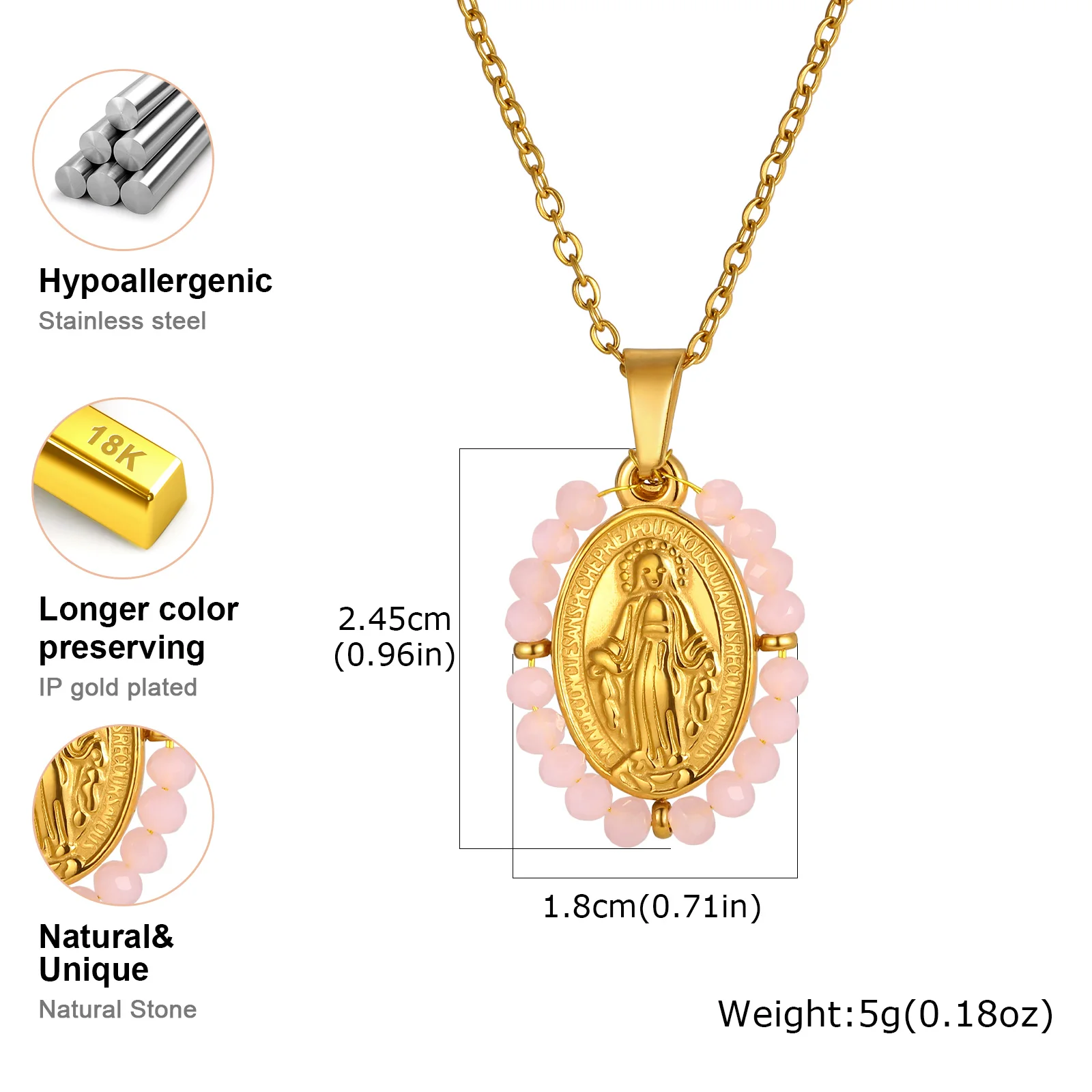 Klassische Jungfrau Maria Anhänger-Halskette für Frauen, Zirkon-Imitationsperle Naturstein-Perlen Charm-Halskette, Edelstahl-Schmuck – Detail 10