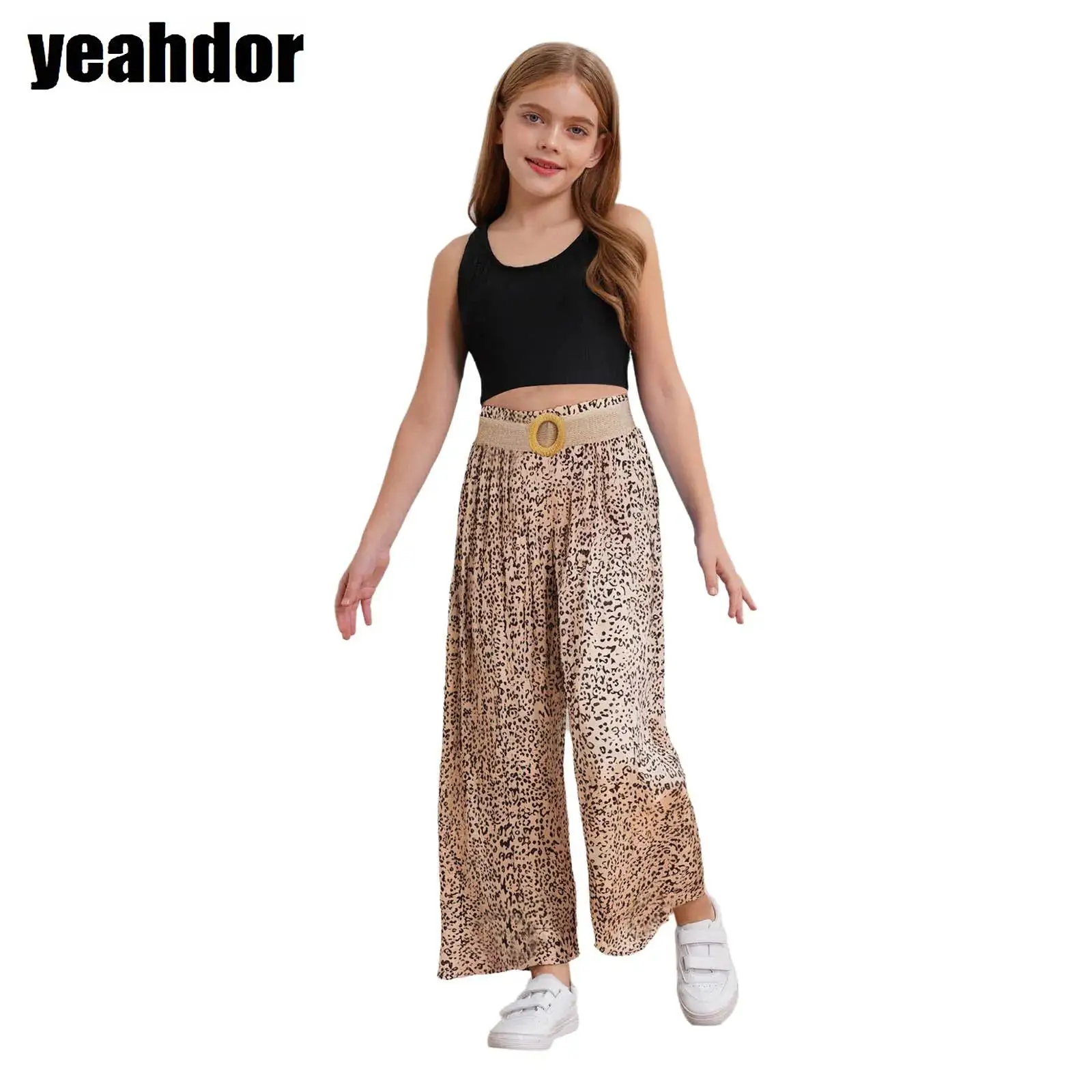 

Girls 3-Piece Cute Floral Prints Costume Sleeveless Crop Top with Wide Leg Pleated Pants And Belt for Holiday Vacation Beachwear