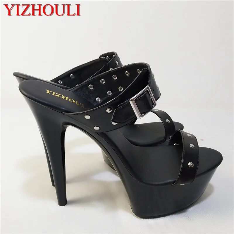 Black Fashion Color Block Metal Buckle Platform 15cm Ultra High Heels Shoes Women\'s 6 Inch Lady High-Heeled Sexy dance shoes