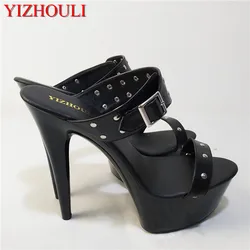 Black Fashion Color Block Metal Buckle Platform 15cm Ultra High Heels Shoes Women's 6 Inch Lady High-Heeled Sexy dance shoes