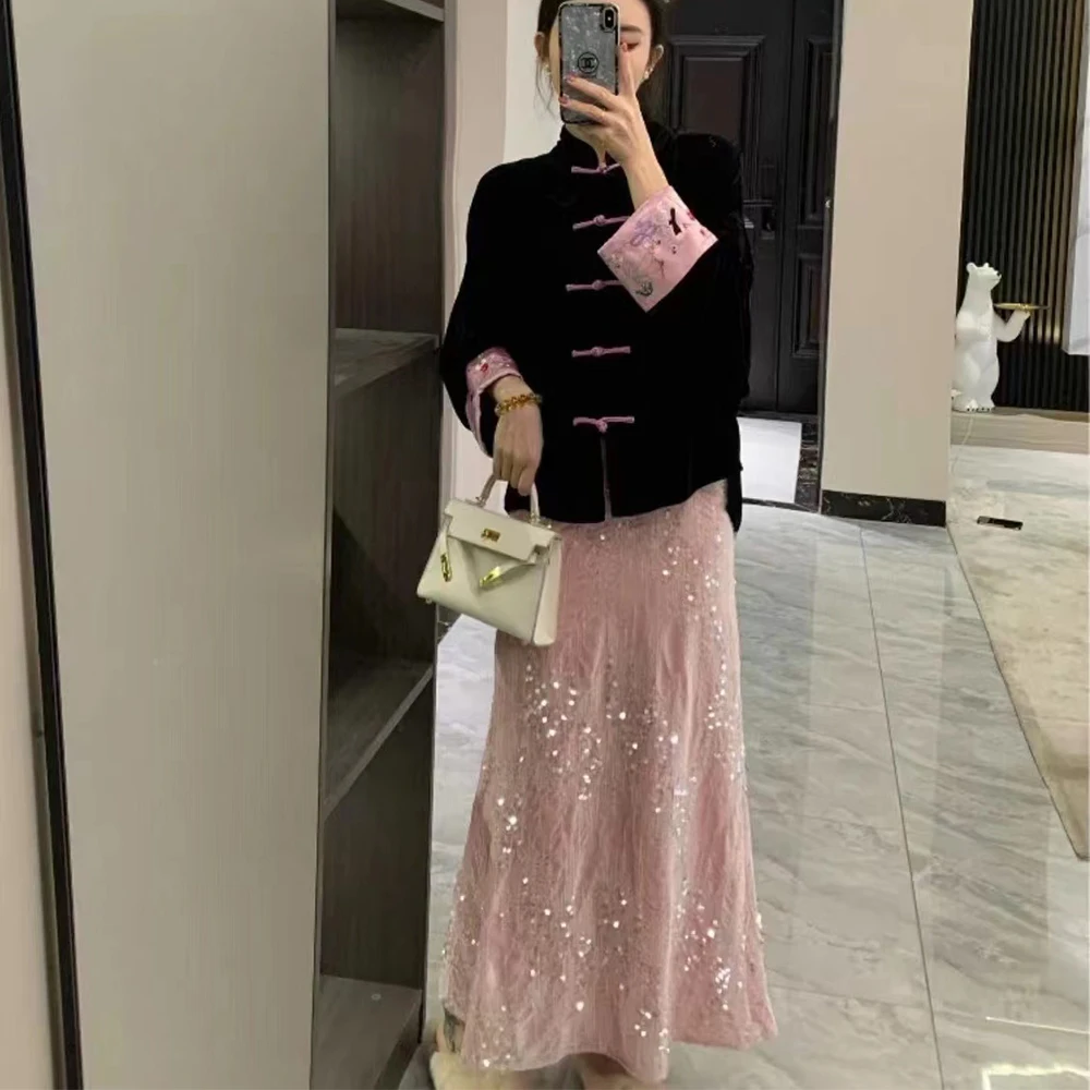 

2023 New Mermaid Sequined Trumpet Long Skirts Temperment Elegant Fashion Elegant Calf Long Skirt Pink Gray Black Skirts