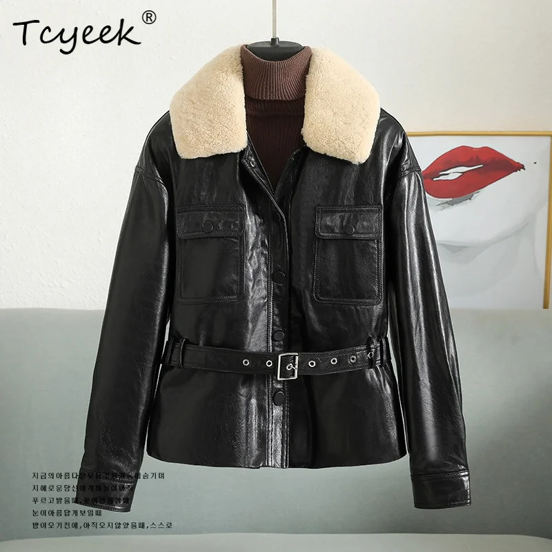 Tcyeek Real Leather Jacket Woman Warm Wool Collar Genuine Sheepskin Coat Women Clothes 90% White Goose Down Winter Coats Belt
