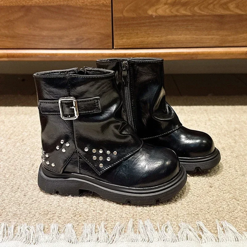 Girls Vintage Pleated Short Boots, Sparkle Ornament & Buckle, Side Zip Closure, Anti Slip Sole for Kids Daily Walking Outing