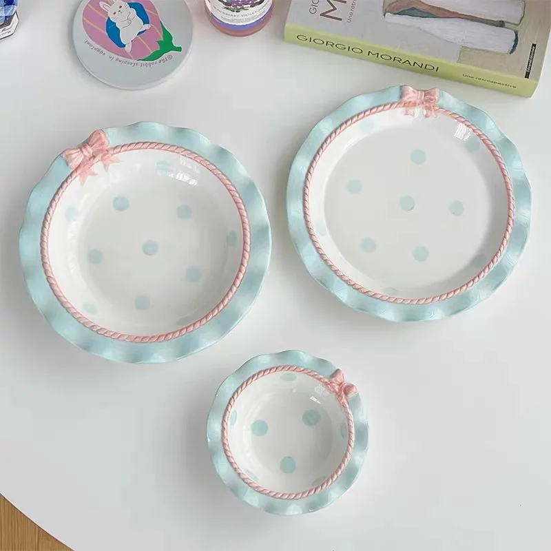 

Korean bow ceramic tableware polka dot girl heart household dishes plates ins high value breakfast