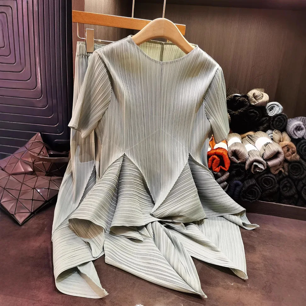 

Miyake Pleated Skirt Suit Premium Sense Niche Bud Solid Suit 2025 Summer New Hundred with Pleated Fashion Two-piece Female