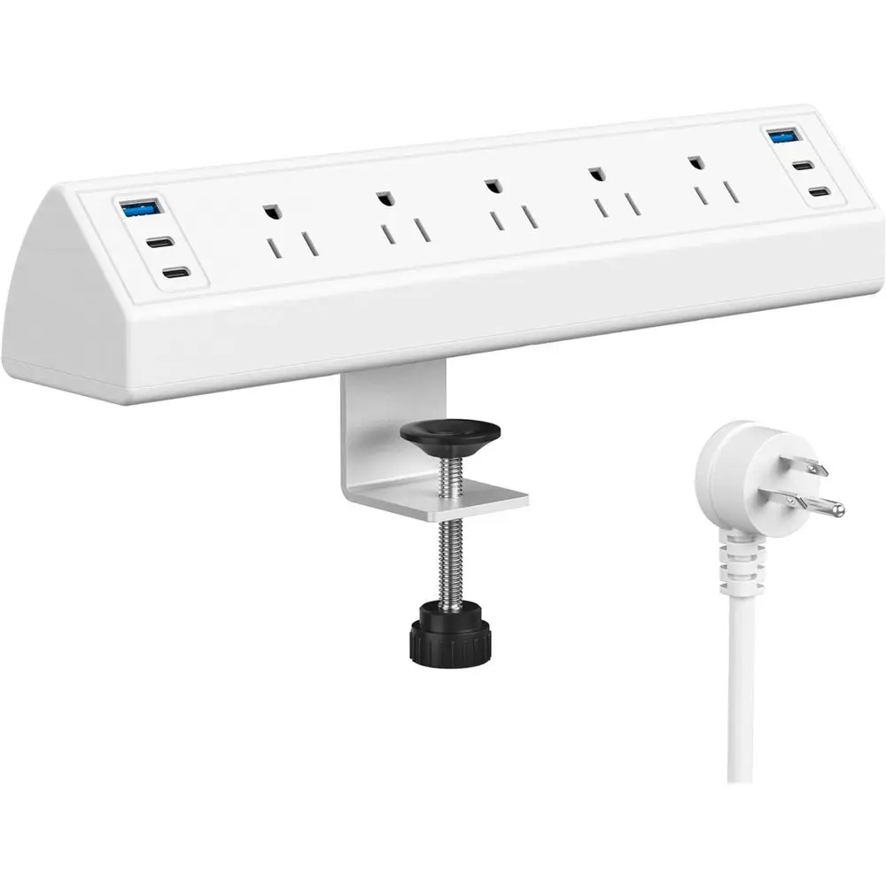 

Удлинитель USB-C мощностью 40 Вт с 4 портами PD 20 Вт, 5 розетками, креплением на край стола, сертификат ETL, белый