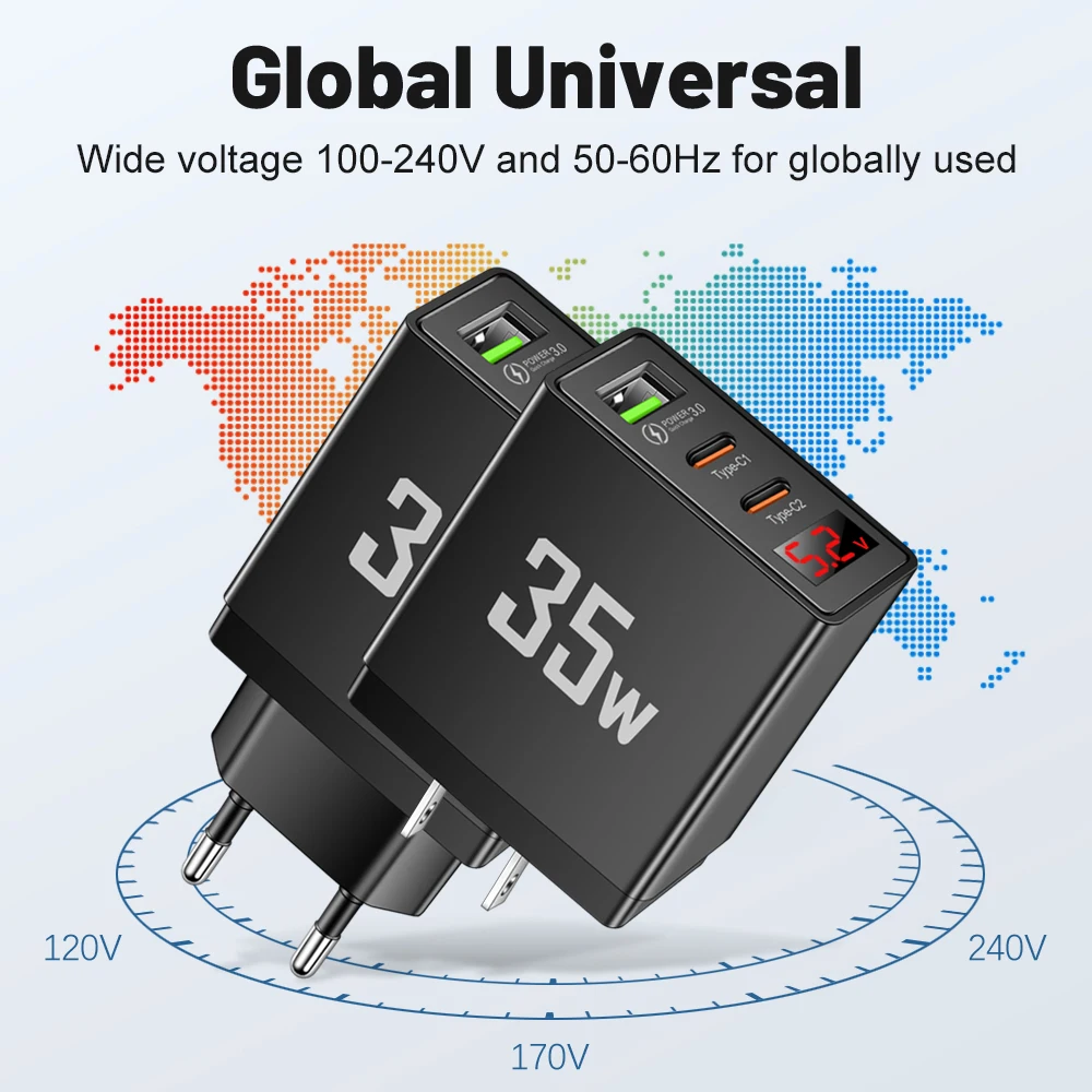 35W USB PD Charger 3 Ports USB Type C Fast Charging Wall Charger For iPhone Samsung Xiaomi Digital Display Mobile Phone Adapter