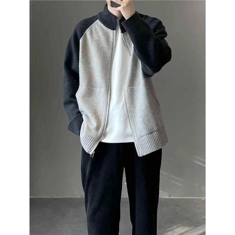 

Мужской плотный вязаный кардиган на молнии для весны и осени, повседневный, с вставками на плечах, модный, для отдыха