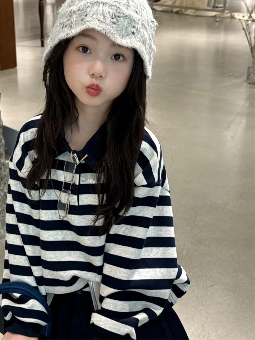 Langarm-T-Shirt für Mädchen, 2025, Herbst, Frühling, neue koreanische Mode, lässig, täglich, gestreift, Umlegekragen, Top, Kinder-Allgleiches-Kleidung – Detail 4
