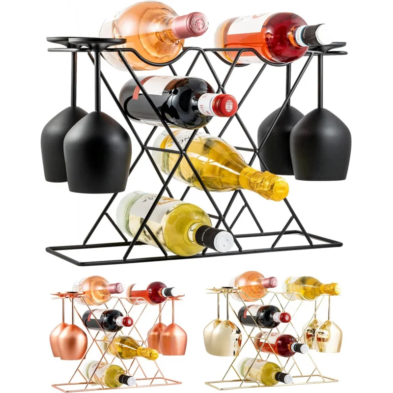 

8 Bottles 4 Glasses Countertop Wine Rack with Glass Holder - Modern Black Tabletop Wine Stand