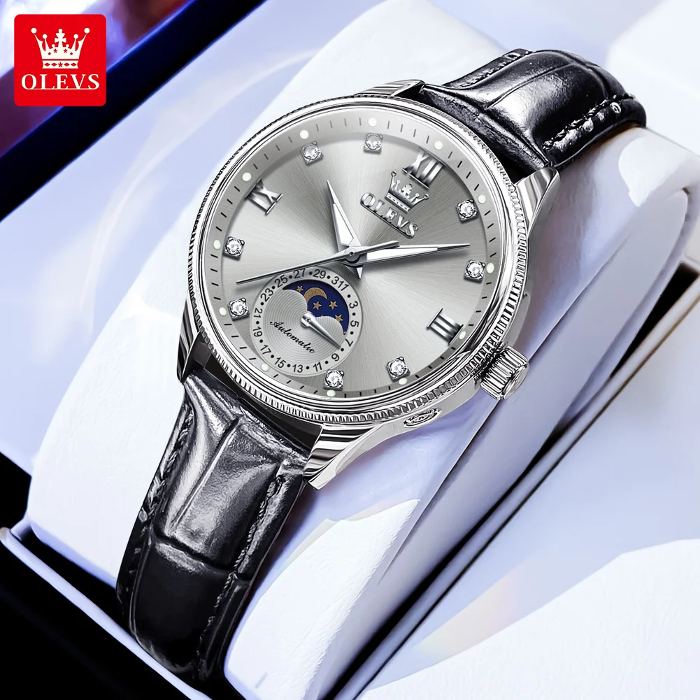 OLEVS Diamond women watch Classic Luxury Automatic Mechanical Wrist Watch Leather Strap Wterproof Moon Display Watches 7039