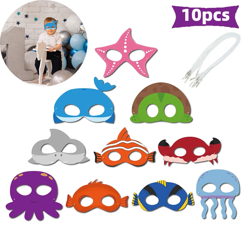 10Pcs/lot Children\'s Birthday Party Masks Ocean Theme Mask Octopus Shark Crab Starfish Cute Sea Animal Masks Birthday Photo Mask