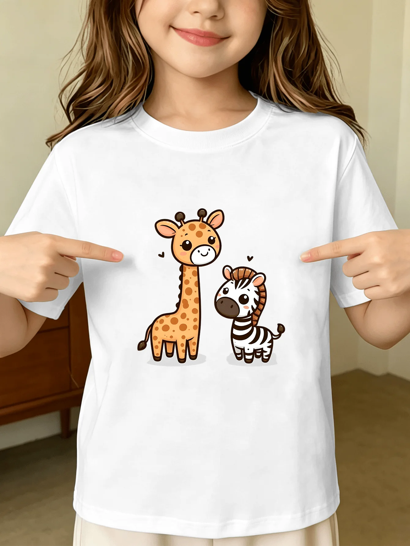 Cute Giraffe Zebra With Hearts Safari Animal Graphic Kids T Shirt Boys Girls Family Matching Summer Crew Neck Short Sleeve Tee