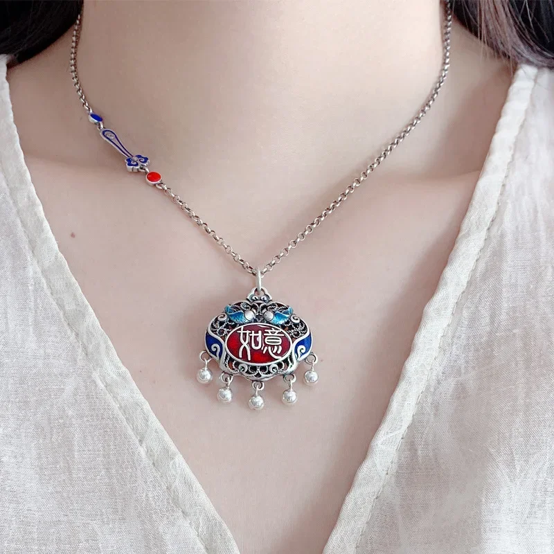 925 Silver Enamel Red Ruyi Lock Tassel Necklace for Women Vintage Pendant National Style Charm Clavicle Chain Jewelry Gift