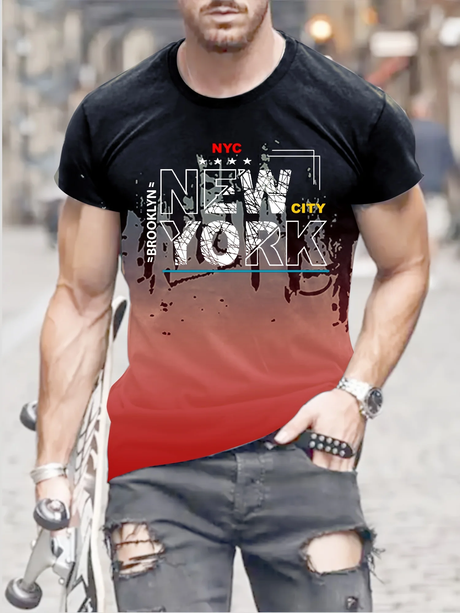 NEW YORK Gradient Print Crew Neck T-shirt - Soft Slight Stretch Polyester Fabric, Casual Comfy Tees for Men Four Seasons Wear