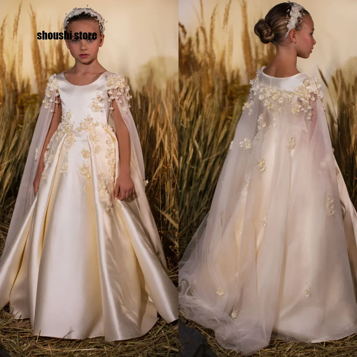 

Beige Floral Girls Birthday Party Gowns Satin Appliqued Flower Girl Dresses For Wedding Customized Girl's Photo Shoot Gowns