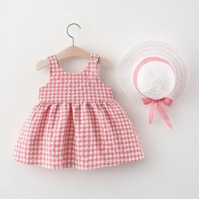 Summer baby girl\'s dress plaid back bow sleeveless lovely everyday skirt with hat