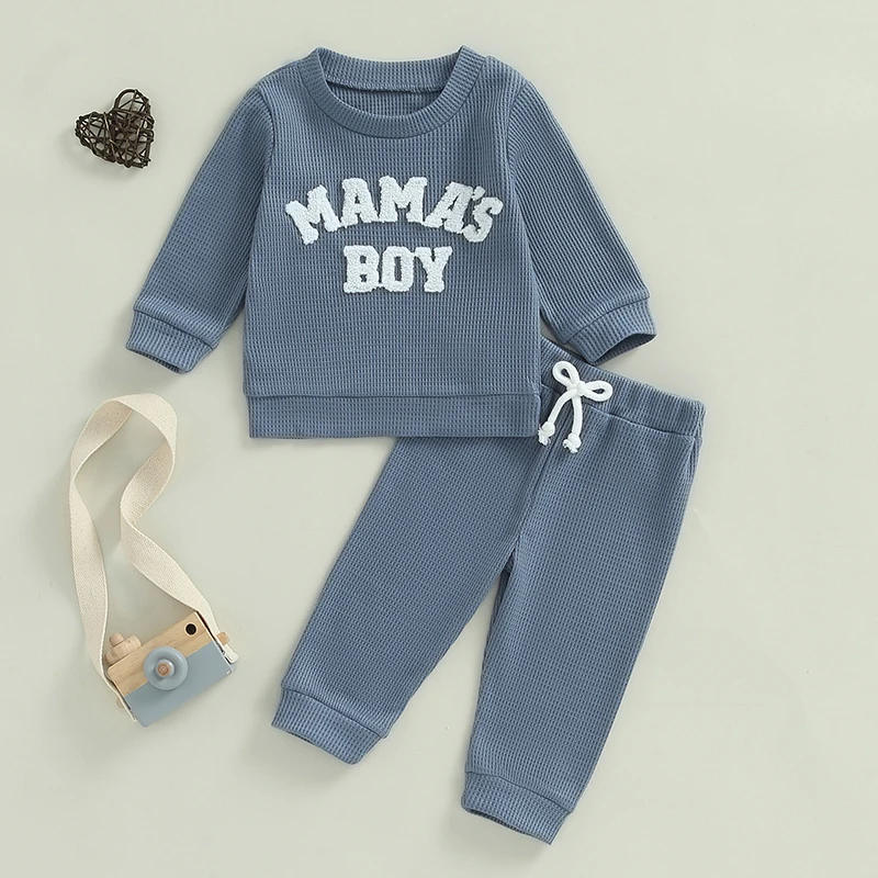 Herbst Baby Kleidung Mamas Junge kleiner Kerl Brief bestickt Langarm Sweatshirt Hosen Waffel Strick Outfit