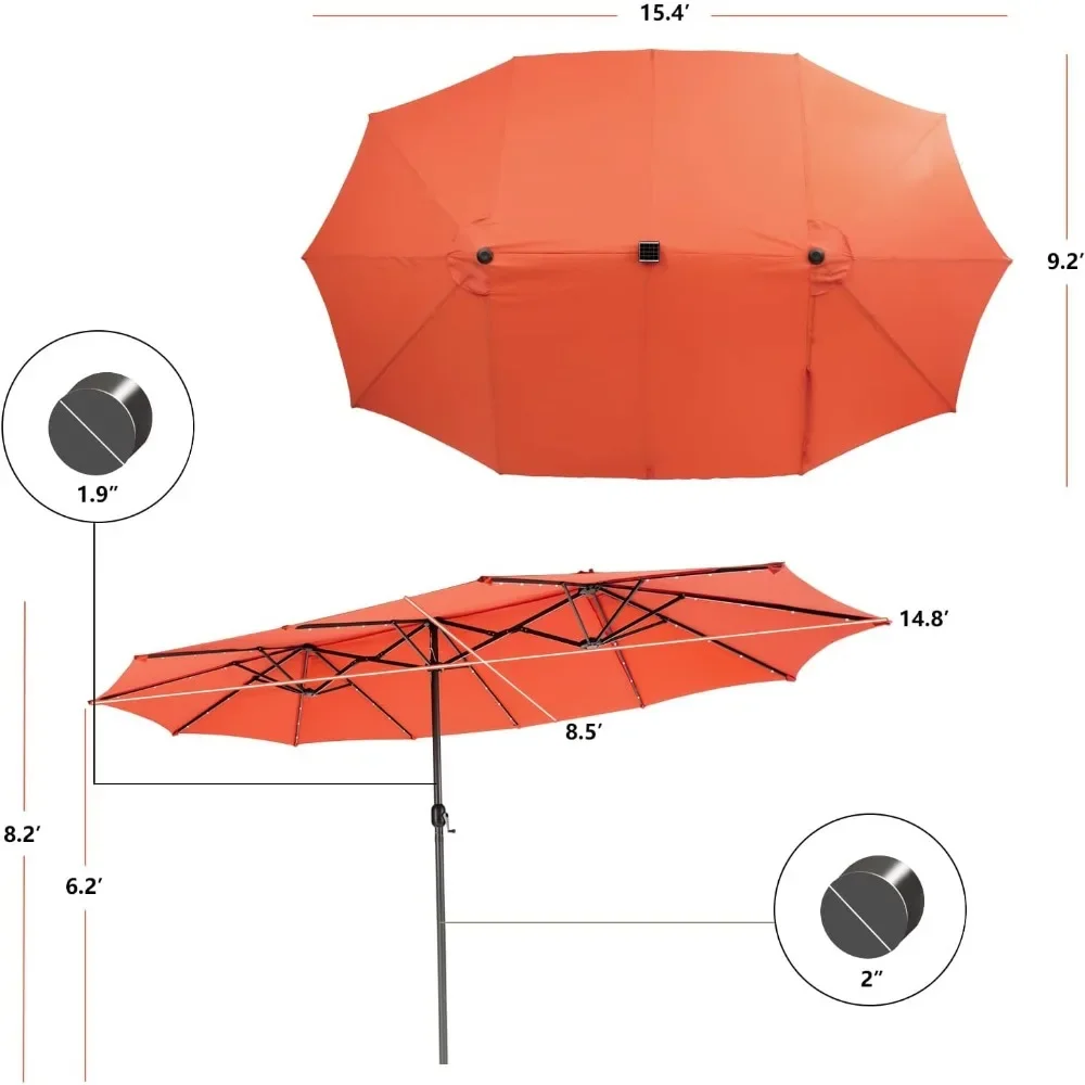 15 Fuß großer Doppelter Terrassenschirm mit 48 LED-Leuchten, doppelseitiger Außenschirm mit automatischer Aufladung des Solarpanels, extra großer Regenschirm