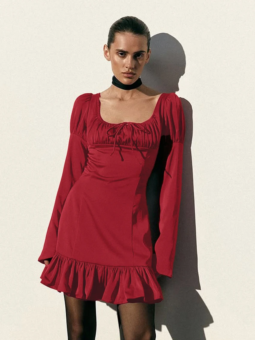 

Marthaqiqi Fashion Women Nightgowns Long Sleeve Sleepwear Lace Up Pajamas Sexy Square Collar Nightwear Mini Dress Ladies Nightie