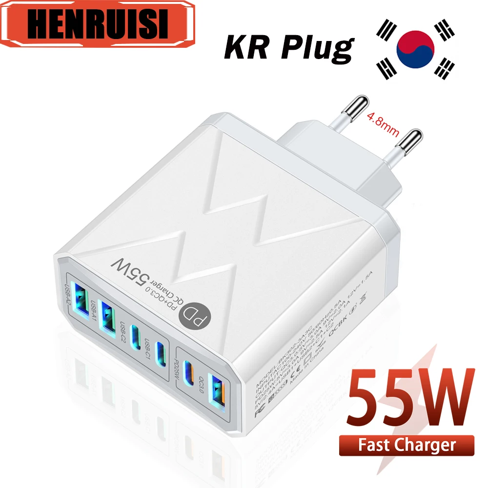 Korean/EU Plug 55W 6 Ports USB Type C Fast Charging Adapter For iPhone Xiaomi Samsung Huawei KR Wall Charger Multi Ports Charger