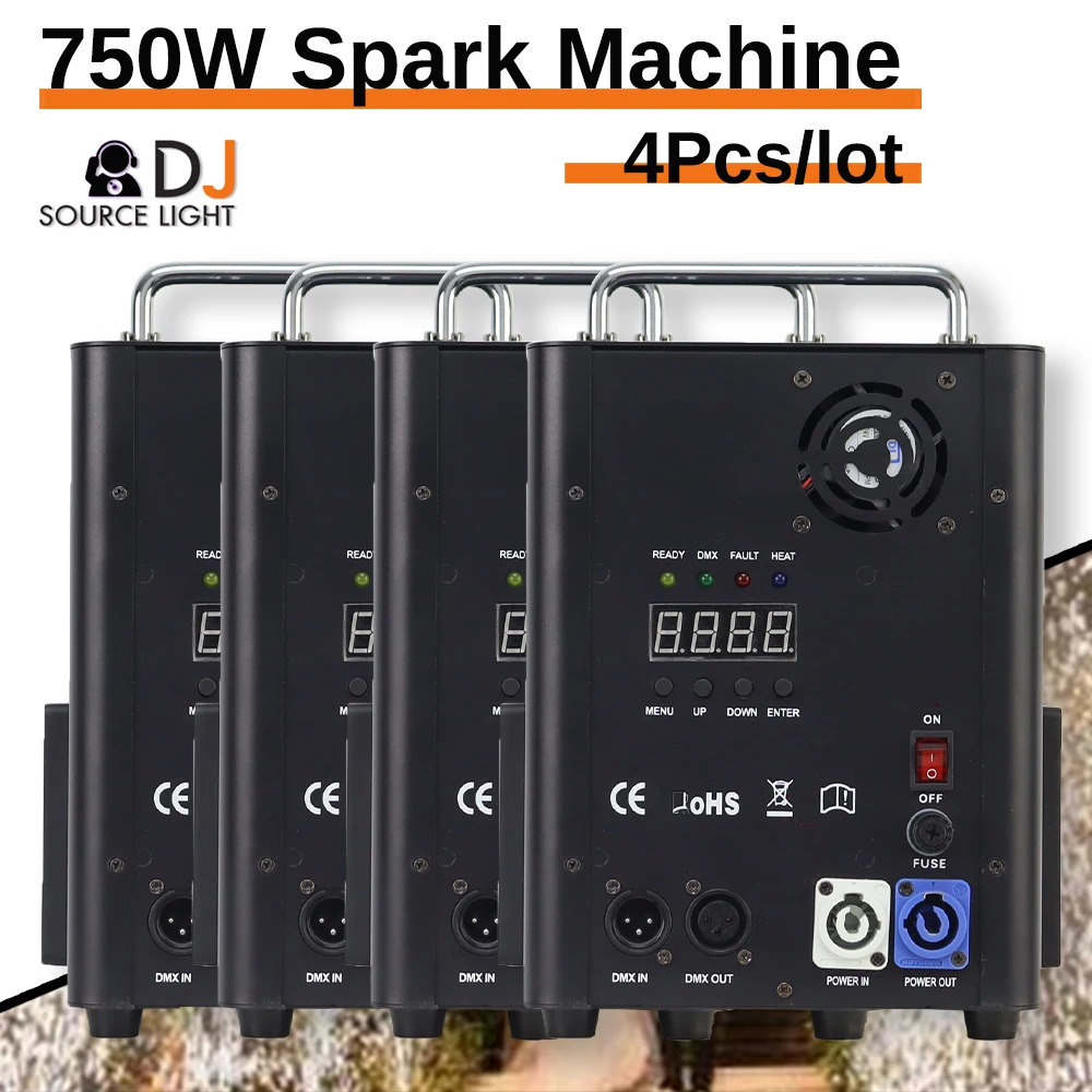 4 Pçs/lote NOVO! Máquina de fogos de artifício de faísca fria 750W 750W 600W Máquina de faíscas Ti Pó Dmx Fonte de controle remoto Máquina sparkular