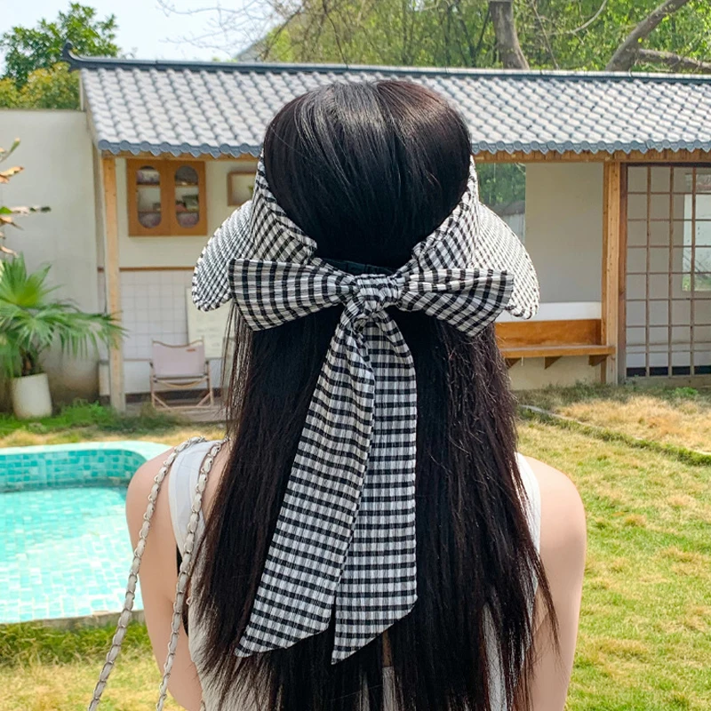 Chapeau de protection solaire d'été pour femmes, chapeau d'extérieur à carreaux frais, petit parfum, banderole à vent, nœud, grand bord, chapeau haut-de-forme vide