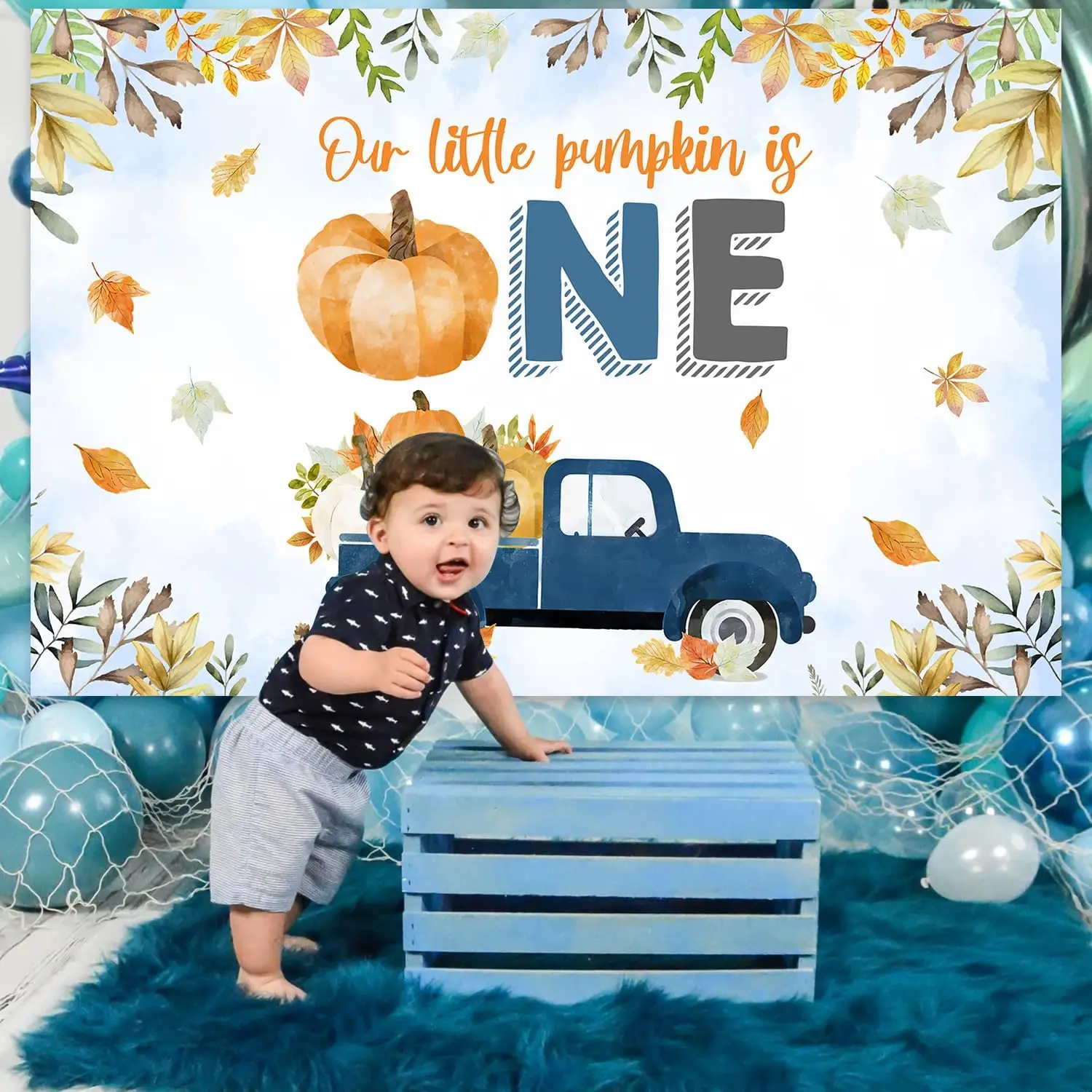 Cheereveal 5x3ft اليقطين شاحنة 1st عيد ميلاد خلفية الأزرق لدينا اليقطين الصغير هو واحد التصوير الدعائم الخريف الخريف لوازم الحفلات #5