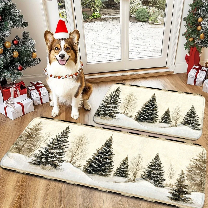 VIKAMA Christmas Carpet Winter Snow Scenery Pine Tree Snow Hunting Hut Design Non-Slip Rug for Bathroom Kitchen Outdoor Door Mat
